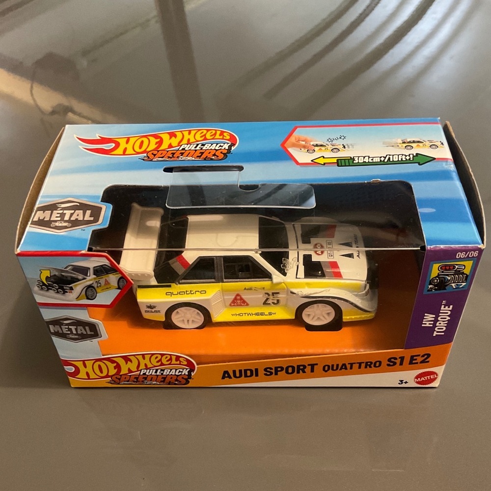 Hot Wheels PullBack Speeders Audi Sport Quattro S1 E2 White Yellow NEW Rally Car